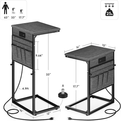 Vagusicc C-Shaped End Table Set of 2 with Charging Station, C Table End Table Adjustable Height Side Table for Couch, Slide Under Sofa Table TV Tray Tables for Living Room,Bedroom,Bedside, Gray Walnut