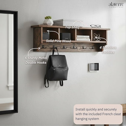 Alaterre Furniture Pomona Entryway Organizer – Rustic Farmhouse 48-Inch Wall-Mounted Coat Rack with 6 Double Hooks & 4 Open Cubbies – Solid Wood Mudroom Storage for Entryway or Hallway (Rustic Brown)