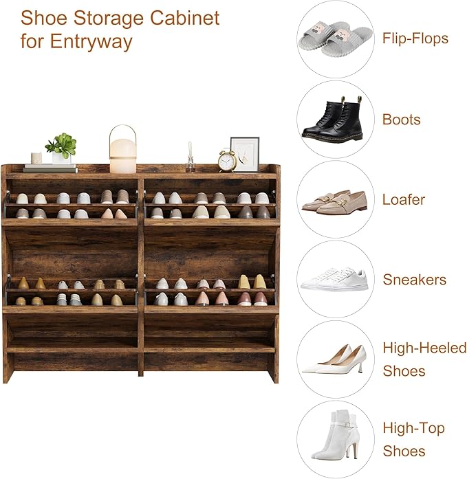 IDEALHOUSE Shoe Cabinet with 4 Flip Drawers,Hidden Wood Shoe Storage with Adjustable Shelf,Freestanding Shoe Organizer Rack for Entryway,Hallway,Living Room(Rustic Brown)
