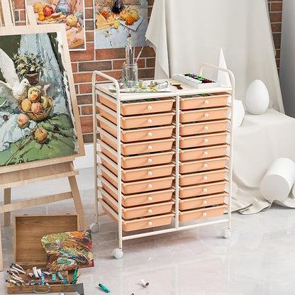 GOFLAME 20-Drawer Rolling Storage Cart, Multifunctional Art Craft Organizer Cart, Mobile Utility Storage Cart with Removable Drawers & Lockable Wheels, Craft Cart for Home Office, Peach Fuzz