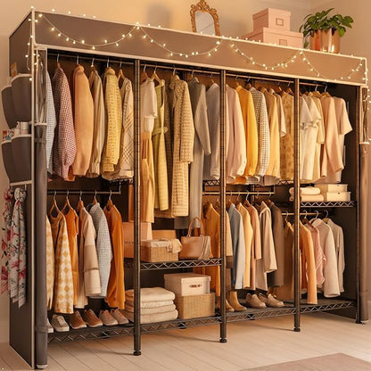 Raybee Clothes Rack with Cover,1100 LBS,Clothing Racks for Hanging with 10 Shelves& 7 Rods,Portable Closet Heavy Duty,Adjustable,Freestanding Garment Rack,Black,75.8" W x 17.7" D x 76.9" H