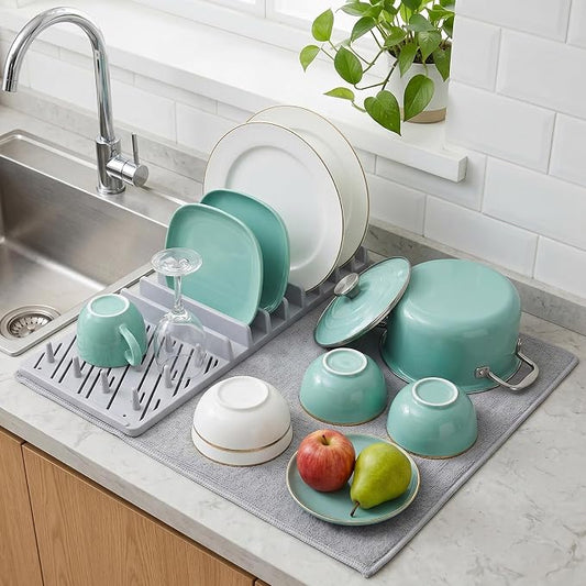 2-in-1 in Sink Dish Drying Rack with Dish Drying Mat,Space-Saving Dish Rack for Kitchen Counter,Foldable Dish Drying Mat with Rack,Quick Dry Dish Drainers for Kitchen Sink (Grey White)
