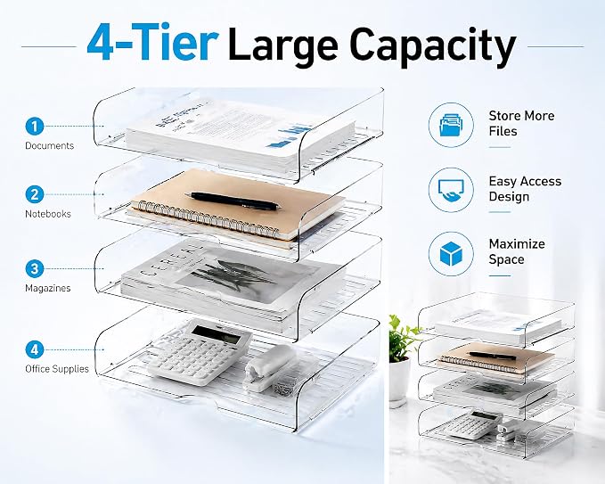 DCA 4 Tier Clear Desk Organizer with 3 Multi-Use Panels, Stackable Paper Letter Tray, Modular File Organizer for Office Home School, Transparent Desktop Storage System