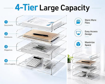 DCA 4 Tier Clear Desk Organizer with 3 Multi-Use Panels, Stackable Paper Letter Tray, Modular File Organizer for Office Home School, Transparent Desktop Storage System