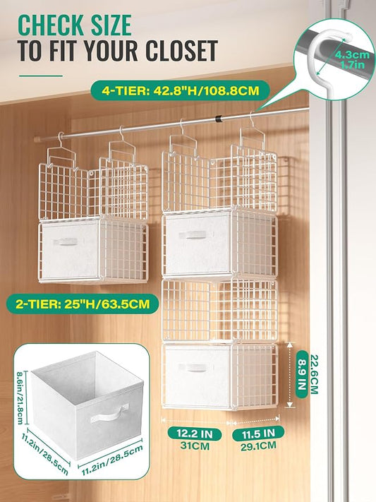 Hanging Closet Organizer with Drawers, 4 Tier Metal Closet Organizers and Storage with 4 Hanging Hooks 4 S-Hooks for Wardrobe Laundry Room, Wire Storage Shelf for Clothes Sweaters Pants (White)