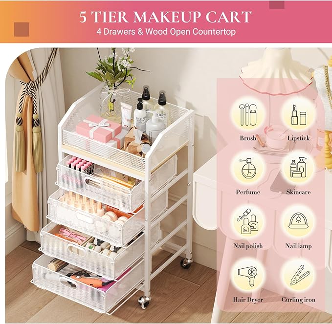 Goovilla Rolling Makeup Organizer Cart with Drawers, 5 Tier Metal Floor Skincare Vanity Organizers with Lockable Wheels, Make Up Storage Cart for Cosmetics Display, Nail Polish, Perfume, White
