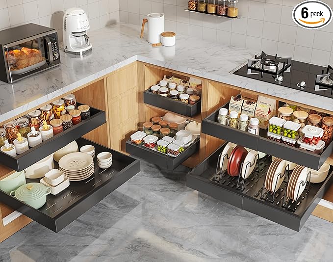 Seinloes 6 Pack Pull Out Cabinet Organizers 21" Deep With Raising Pad for Framed Cabinets, Expandable Slide Out Drawers with 4pcs Divider Racks, Roll Out Shelves, Adjustable Width 12"-20.45" Black