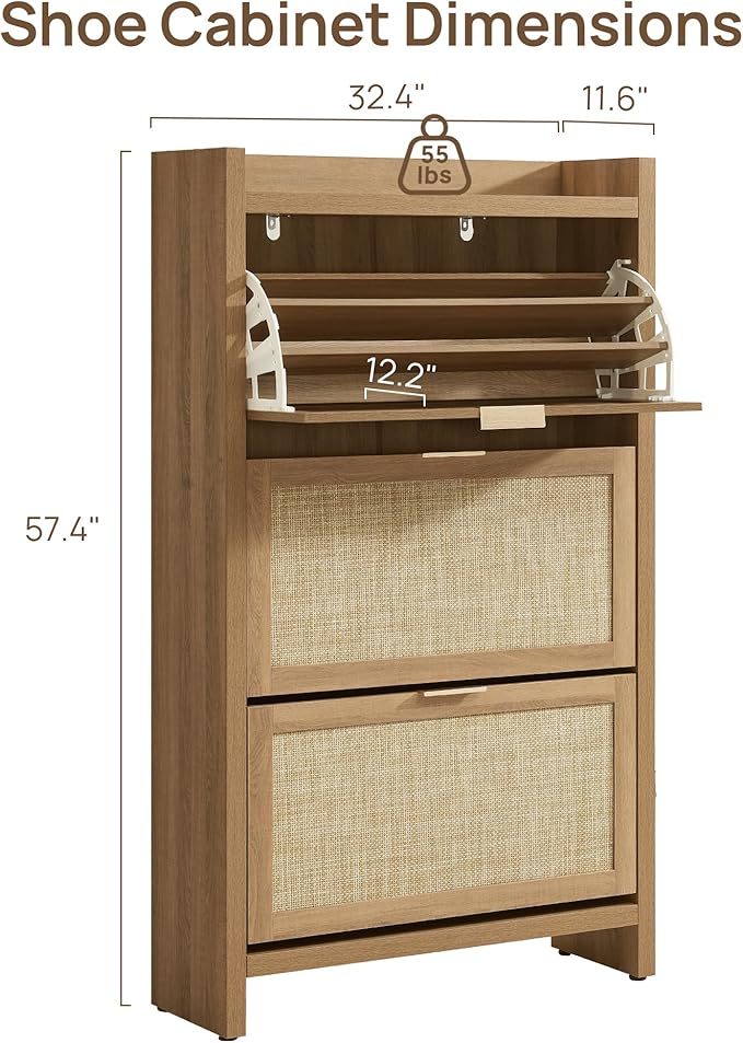 SICOTAS Rattan Shoe Storage Cabinet with 3 Flip Drawers, 30 Pairs Freestanding Shoe Cabinet Storage for Entryway, 57.4" Tall Farmhouse Narrow Shoe Organizer Rack Cabinet for Foyer, Hallway, Oak