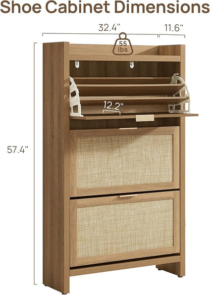 SICOTAS Rattan Shoe Storage Cabinet with 3 Flip Drawers, 30 Pairs Freestanding Shoe Cabinet Storage for Entryway, 57.4" Tall Farmhouse Narrow Shoe Organizer Rack Cabinet for Foyer, Hallway, Oak