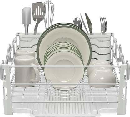 Simple Houseware White Dish Drying Rack with Drainboard, Utensil Holder & Mug Hooks – Metal Kitchen Counter Organizer