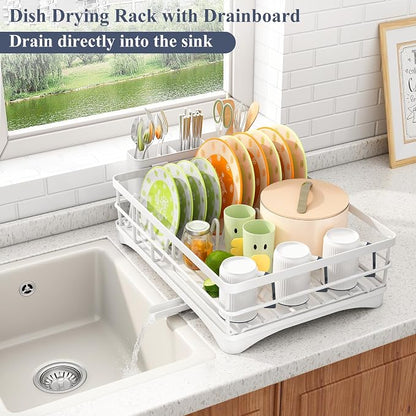 SAYZH Dish Drying Rack - Stainless Steel Dish Rack for Kitchen Counter, Large-Capacity Dish Drainer with Cutlery Holder, Kitchen Organizer for Dishes, Spoons and Forks, White
