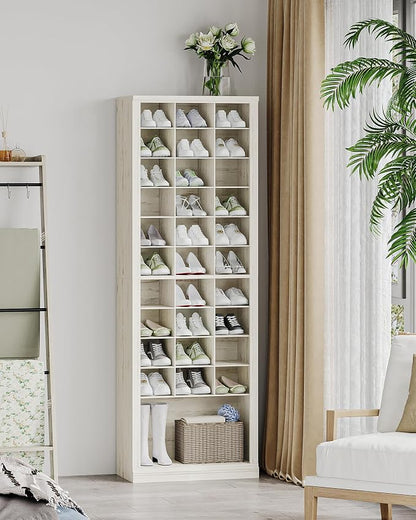Hzuaneri 11 Tiers Shoe Storage Cabinet, Tall Shoes Cabinet with Cubby, Freestanding Wooden Shoe Organizer, 30-33 Pairs, Shoes Cubby Organizer for Entryway, Bedroom, Rustic White SR02014X