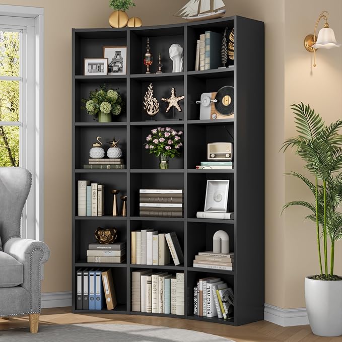 Semoic 71" Curved Bookshelf,Triple Width 6 Tier Bookcase with Storage Cabinet,Modern Tall Bookshelf with 18 Open Display Shelves, Floor Standing Book Shelf for Living Room,Black