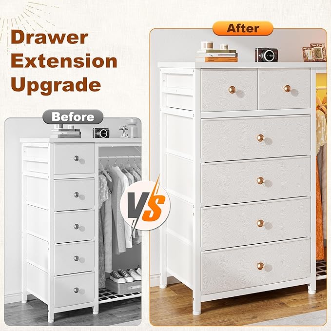 EnHomee 49.2" W Dresser with Hanging Rack & 6 Fabric Drawers for Bedroom, Featuring LED Lights and Charging Station, White Fabric Dressers & Chest of Drawers with Grid Panel & 4 Hooks, Wooden Top