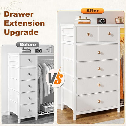 EnHomee 49.2" W Dresser with Hanging Rack & 6 Fabric Drawers for Bedroom, Featuring LED Lights and Charging Station, White Fabric Dressers & Chest of Drawers with Grid Panel & 4 Hooks, Wooden Top