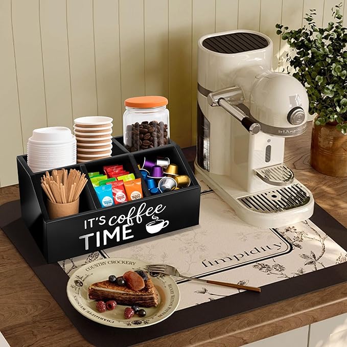 Coffee Station Organizer – Wooden Condiment Holder for Coffee Bar Accessories, Tea Bags, Pods, Stirrers – Rustic Countertop Storage Basket for Home & Office