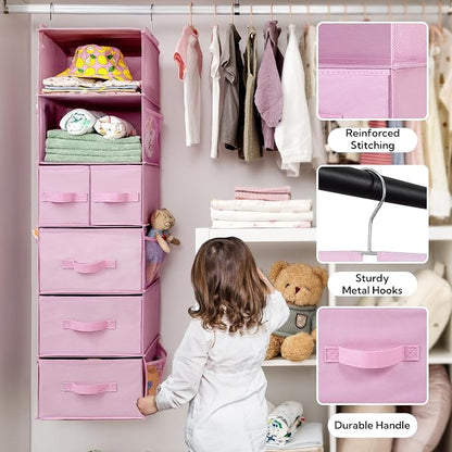 GRANNY SAYS Hanging Closet Organizers and Storage, 6 Shelves Closet Hanging Organizer with 6 Side Pockets, 5 Drawer Storage Organizer, Portable Hanging Shelves for Baby Closet, Pink Shelf