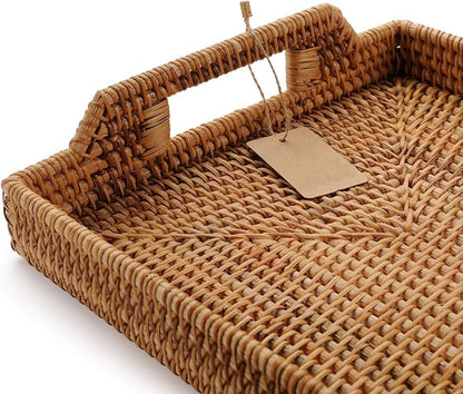 Hand-Woven Rattan Rectangular Serving Tray with Handles for Breakfast, Drinks, Snack for Coffee Table (17x11.4x1.8inches)