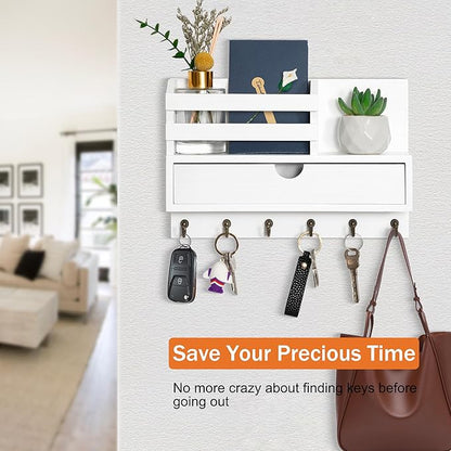 Key and Mail Holder for Wall, Mail Organizer Wall Mount with 6 Hooks and Storage Drawer, Wooden Key Rack Hanger with Shelf for Entryway and Home Decor