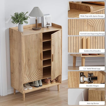 Shoe Cabinet with Doors, 6-Tier Shoe Storage Cabinet with Adjustable Shelves,Freestanding Shoes Rack Shoe Storage Organizer for Entryway, Hallway, Closet (Natural)