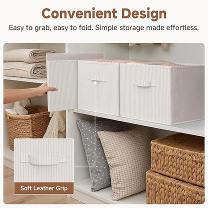 StorageWorks Storage Baskets for Shelves, Foldable Fabric Closet Storage Bins with Handles, Fabric Storage Bins Clothes Organizer, Beige Stripes, 3-Pack, Extra Large