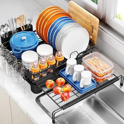 TOOLF Dish Drying Rack - Expandable Dish Rack, Large Capacity Dish Drainer for Kitchen Counter, Stainless Steel Dish Strainer with Cups Holder & Utensil Holder,Black