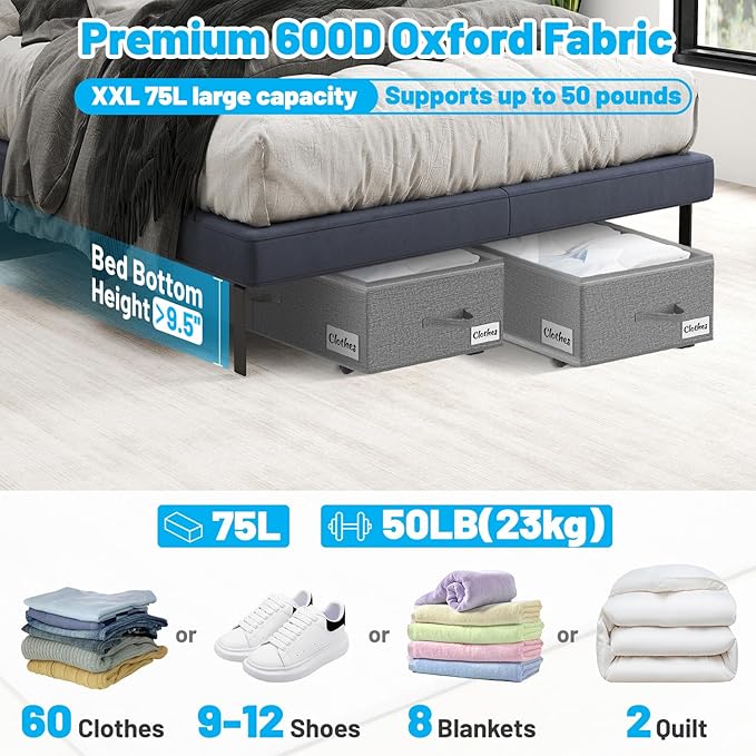 Under Bed Storage with Wheels, 3-Pack 10" Height XXL 75L Rolling Storage Bins, Quick Assembly Underbed Shoe Storage Containers with Clear Lid & Label, Dorm Under Bed Drawers for Clothes, Shoes, Grey