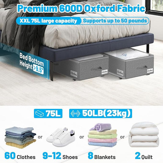 Under Bed Storage with Wheels, 2-Pack 10" Height XXL 75L Rolling Storage Bins, Quick Assembly Underbed Shoe Storage Containers with Clear Lid & Label, Dorm Under Bed Drawers for Clothes, Shoes, Grey