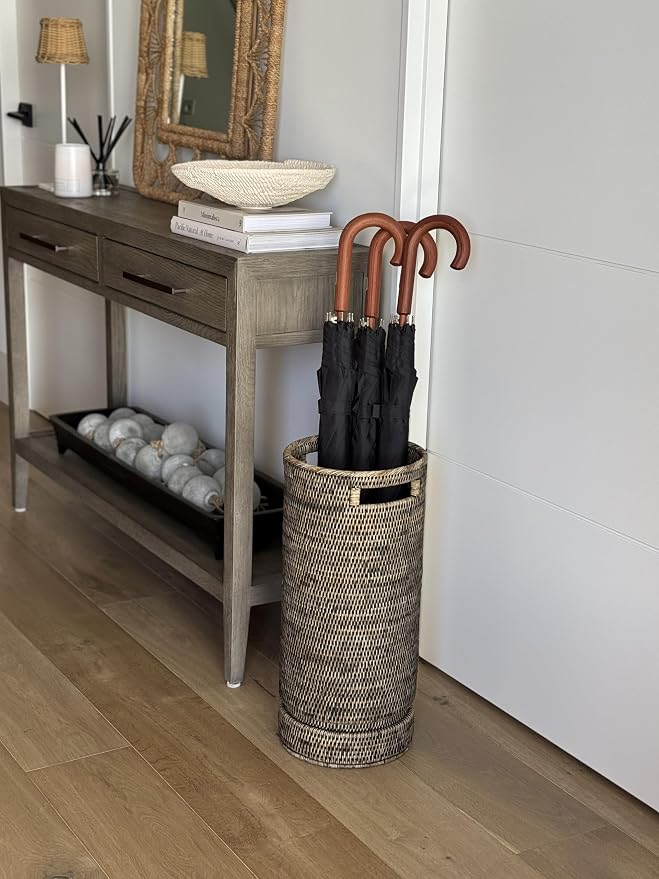 Kouboo La Jolla Round Rattan Umbrella Stand with Water Catch Black-Wash