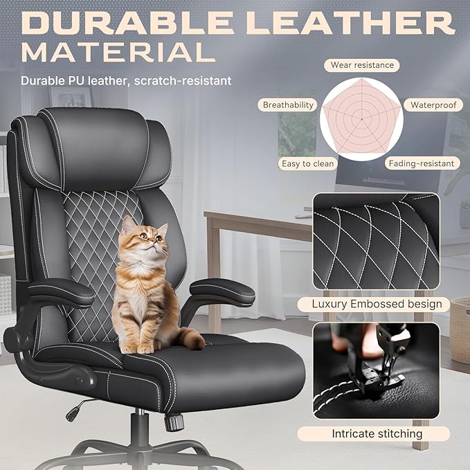 Office Chair-Executive High Back Breathable Comfy Desk Chair with Flip-up Armrests Lumbar Support-Ergonomic Leather Rolling Swivel Chair with Rock Function for Working Studying Gaming