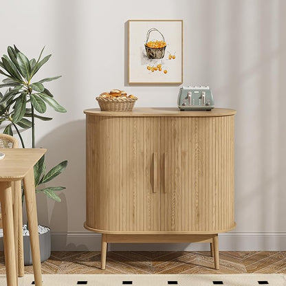 Accent Small Storage Cabine, Buffet Cabinet with Storage, Mid Century Modern Sliding Door Sideboard Cabinet for Kitchen, Entryway (Oak)