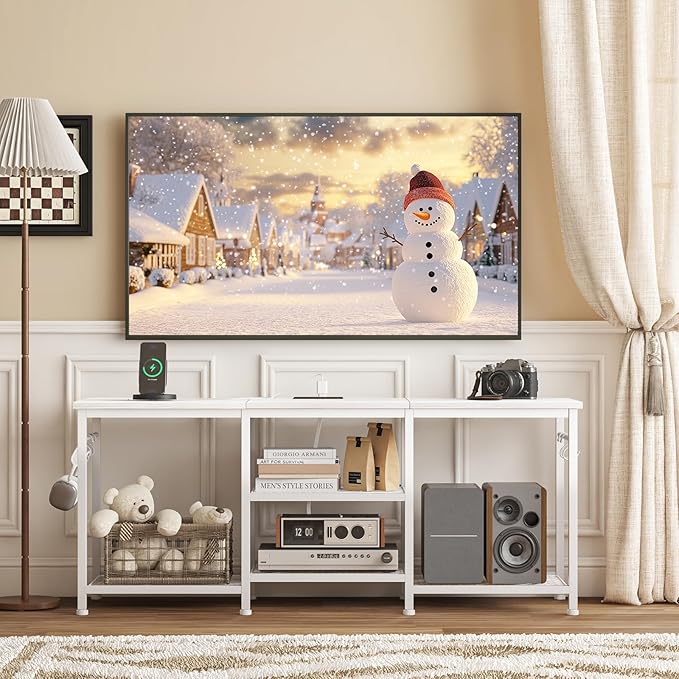 YGEOMER White TV Stand for Up to 50 Inch Tvs, Entertainment Center with Power Outlet and Open Storage Shelves, TV Console Table for Living Room Bedroom