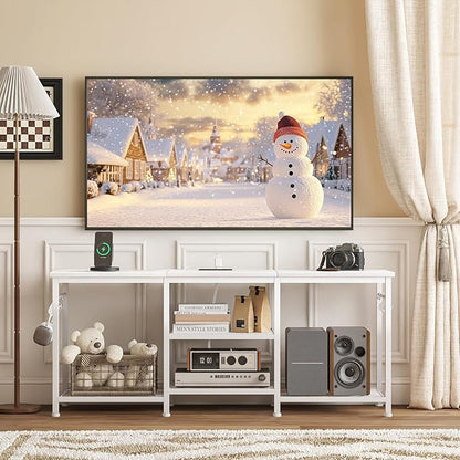 YGEOMER White TV Stand for Up to 50 Inch Tvs, Entertainment Center with Power Outlet and Open Storage Shelves, TV Console Table for Living Room Bedroom