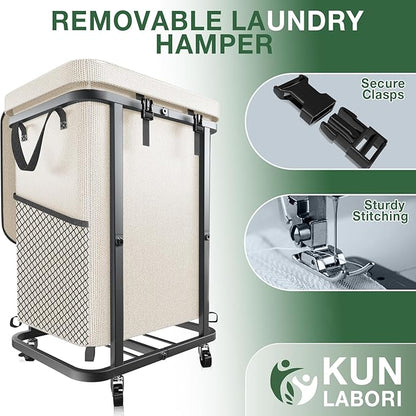 40 Gal(150L) Laundry Basket with Lid, Rolling Laundry Hamper with Wheels, Dirty Clothes Hamper with Metal Frame and Removable Bag Design, Suitable for Laundry Room, Bedroom - White