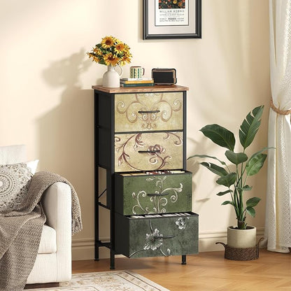 Sweetcrispy 4 Drawer Fabric Dresser Storage Tower Nightstand Chest | Small bedroom dresser and nightstand with sturdy frame,Perfect for closet,entryway,dorm,Easy assembly,Floral Painted