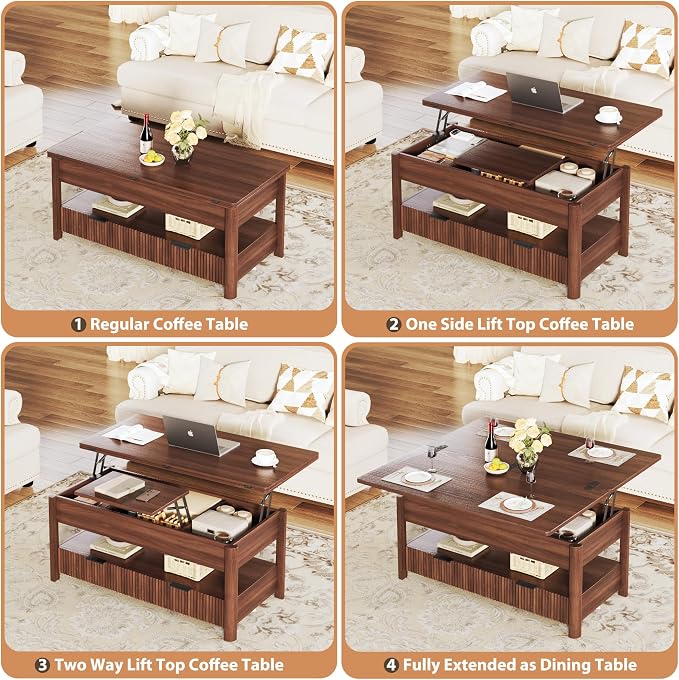 HUAHUU 40" Lift Top Coffee Table, 4 in 1 Square Coffee Table with Storage Shelf & 2 Drawers, Modern Coffee Tables with Lift Tabletop, Converts to Dining Table for Living Room, Home Office, Walnut