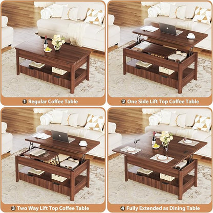 HUAHUU 40" Lift Top Coffee Table, 4 in 1 Square Coffee Table with Storage Shelf & 2 Drawers, Modern Coffee Tables with Lift Tabletop, Converts to Dining Table for Living Room, Home Office, Walnut