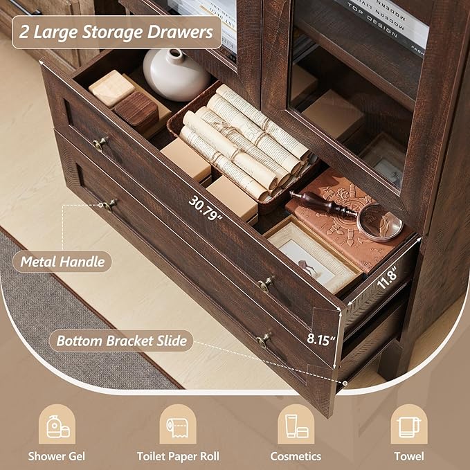 71" Tall Arched Bathroom Storage Cabinet, 4-Tier cabinet w/2 Large Drawers &Adjustable Shelves, Wooden bathroom Floor cabinets w/Glass Doors, Modern Farmhouse Versatile Cabinets for bathroom, Brown