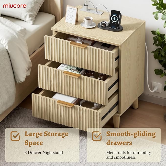 Fluted nightstands Set of 2, 20 inch Modern Nightstand with Charging Station Wood Bedside End Table with 3 Large Storage Drawers, Tall Side Table for Bedroom Sofa Office Oak Natural