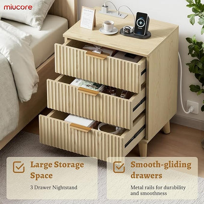 Fluted nightstands Set of 2, 20 inch Modern Nightstand with Charging Station Wood Bedside End Table with 3 Large Storage Drawers, Tall Side Table for Bedroom Sofa Office Oak Natural