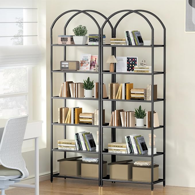 Homhedy Bookshelf Arched Display Racks,Metal Bookcase,Tempered Glass Shelves,Storage Rack Shelf for Home Office,Living Room,Bedroom, Bathroom,Modern Style (Black, 11.8" D x 23.6" W x 73.6" H)