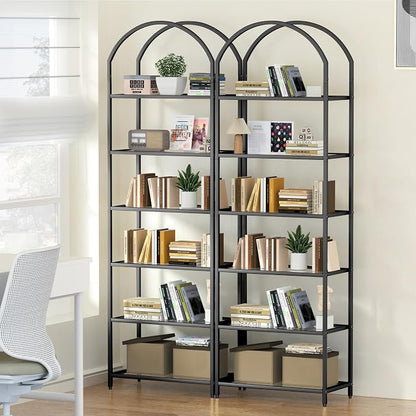 Homhedy Bookshelf Arched Display Racks,Metal Bookcase,Tempered Glass Shelves,Storage Rack Shelf for Home Office,Living Room,Bedroom, Bathroom,Modern Style (Black, 11.8" D x 23.6" W x 73.6" H)