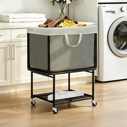 STO STO Rolling Laundry Hamper with Lockable Wheels, 29-Gallon (110L) Laundry Cart with Removable Canvas Bag, 2-Tier Clothes Basket Hamper with Shelf for Closet, Bedroom, Bathroom, Laundry Room, Gray
