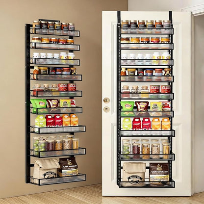 Over the Door Pantry Organizer 9 Tier Hanging Door or Wall Mounted Spice Rack with Adjustable Acylic Basket,Heavy Duty Metal Seasoning Storage Shelf for Kitchen Pantry and Bathroom Black