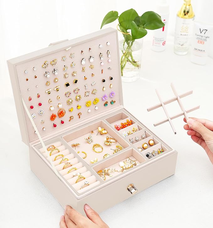 QBestry Girls Jewelry Box Earring Holder Organizer for Girls Jewelry Organizer Box Stud Earrings Organizer for Girl Womens Beige Jewelry Box for Earrings and Necklaces Rings Stud Earring Box for Teen