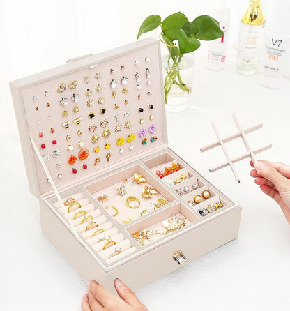 QBestry Girls Jewelry Box Earring Holder Organizer for Girls Jewelry Organizer Box Stud Earrings Organizer for Girl Womens Beige Jewelry Box for Earrings and Necklaces Rings Stud Earring Box for Teen