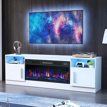 PRETZI Fireplace TV Stand with 36" Fireplace Up to 80" TVs, 70" Entertainment Center with LED Lights, Remote Control, TV Media Console with Storage Cabinets for Living Room, White