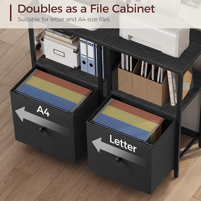 MAHANCRIS Printer Table with Storage, Home Printer Stand with File Cabinet, Fits A4/Letter Size Files, Printer Cabinet with Large Tabletop, Display Shelf, for Home Office, Black PTBK3501