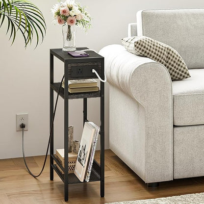HOOBRO Small Narrow Side Table with Charging Station, Skinny End Table for Small Spaces, Slim Nightstand with USB Ports Outlet, Sofa Beside Table with Storage Shelf,Black and Charcoal Black BC102UBZ01