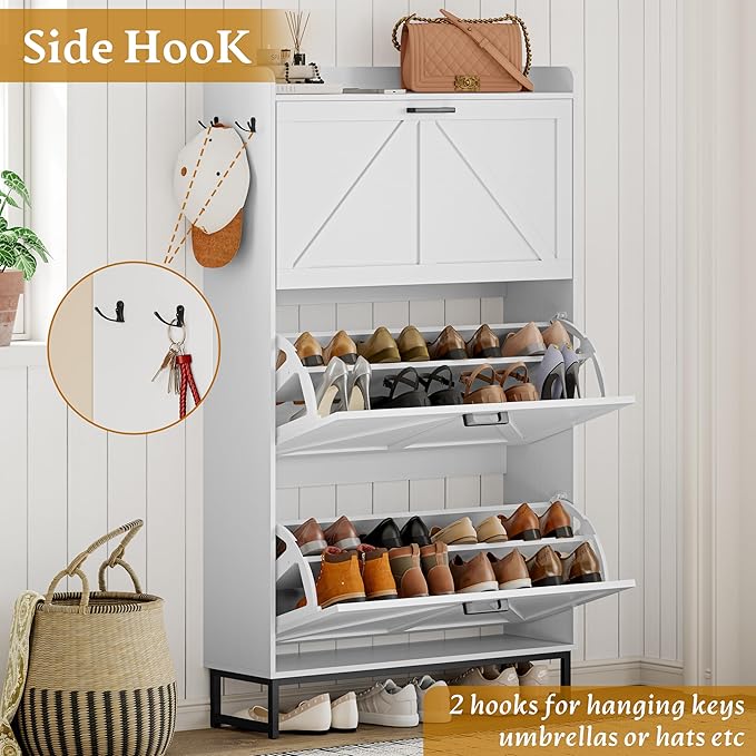Shoe Cabinet Storage for Entryway, Shoe Storage Cabinet with 3 Flip Drawers, Freestanding Narrow Shoe Rack Organizer with Metal Legs & Side Hook for Foyer, Hallway, White